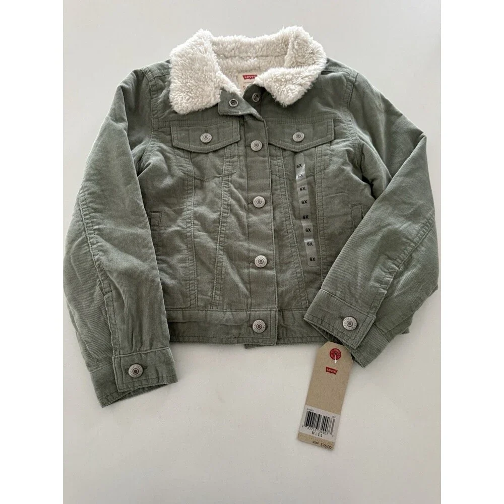 NEW Levis Girls Size 6-7 y Corduroy Trucker Jacket green Sherpa Lined warm cozy